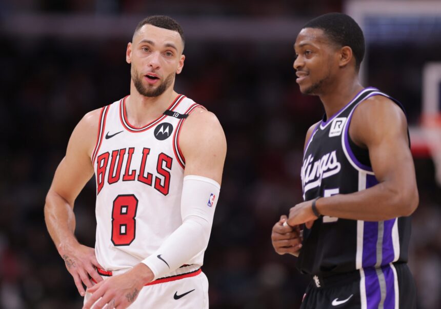 Demal Delozan and Malik Monk react when the king sends Dearlon Fox to Spurs for Zack Lavigne under the three teams with the Bulls.